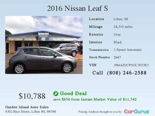 2016 NISSAN LEAF New OFF ISLAND Arrival 10/15 Low Miles One SOLD! for sale in Hanamaulu, HI