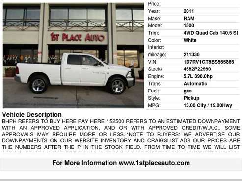 2011 Ram 1500 4WD Quad Cab 140.5" SLT - cars & trucks - by dealer -... for sale in Watauga (N. Fort Worth), TX