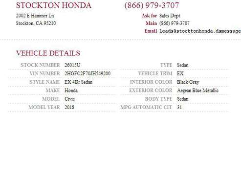 2018 Honda Civic EX SKU: 26015U Honda Civic EX - - by for sale in Stockton, CA