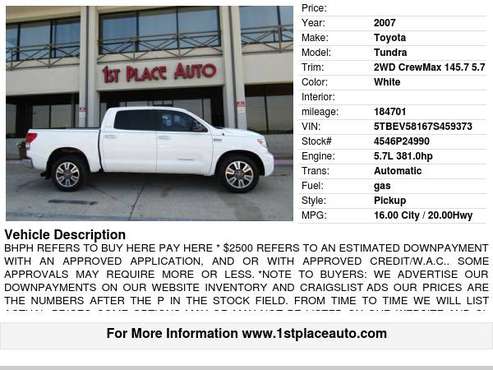 2007 Toyota Tundra 2WD CrewMax 145.7" 5.7L LTD - cars & trucks - by... for sale in Watauga (N. Fort Worth), TX