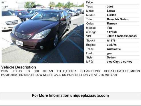 2005 Lexus ES 330 Base 4dr Sedan ** EXTRA CLEAN! MUST SEE! ** for sale in Sacramento , CA