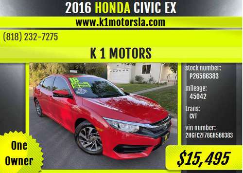 2016 Honda / Civic / EX / 1 Owner / Low Mileage / Loaded / Clean -... for sale in Los Angeles, CA