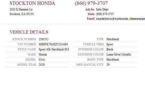 2018 Honda Civic Sport SKU: 25951U Honda Civic Sport for sale in Stockton, CA