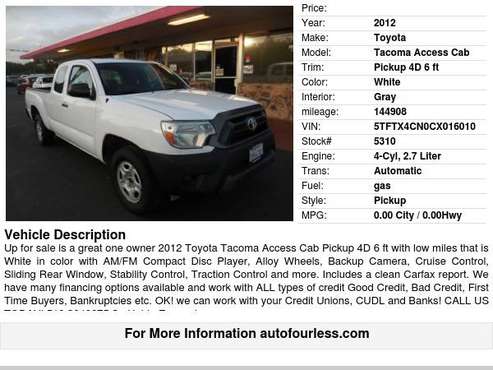 2012 Toyota Tacoma Access Cab Pickup 4D 6 ft - - by for sale in Fremont, CA