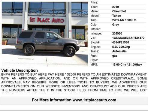 2010 Chevrolet Tahoe 2WD 4dr 1500 LS - cars & trucks - by dealer -... for sale in Watauga (N. Fort Worth), TX