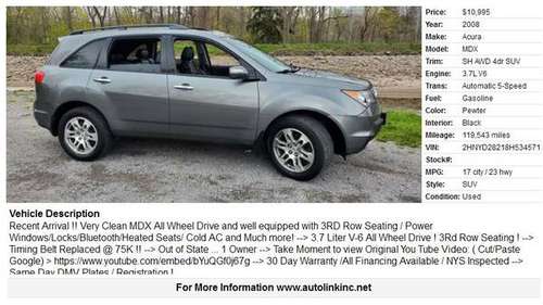 2008 Acura MDX , Gray/Black Leather, AWD ! 3rd Row Seating! - cars for sale in Spencerport, NY