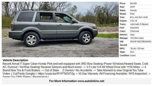2007 Honda Pilot EXL, Leater, Sunroof, 3rd Row Seating, New Tires for sale in Spencerport, NY