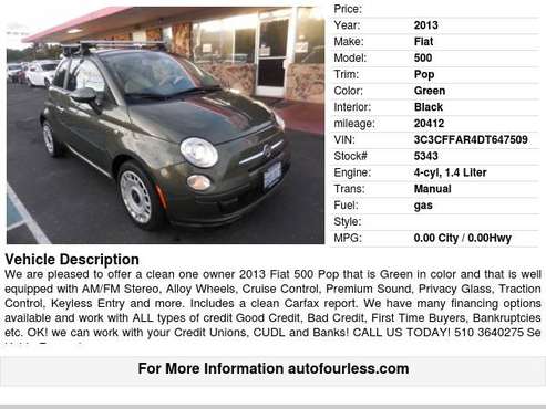 2013 Fiat 500 Pop - - by dealer - vehicle automotive for sale in Fremont, CA