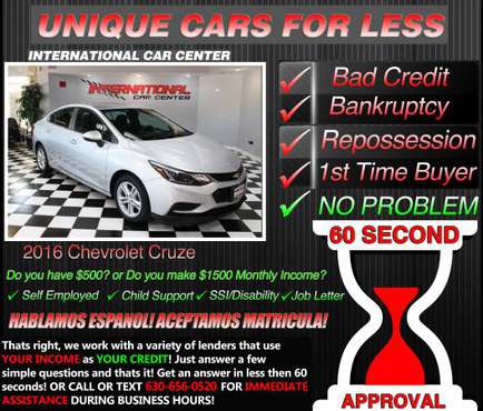 2016 Chevy Cruze * Bad Credit ? W/ $1500 Monthly Income OR $500 DOWN... for sale in Lombard, IL