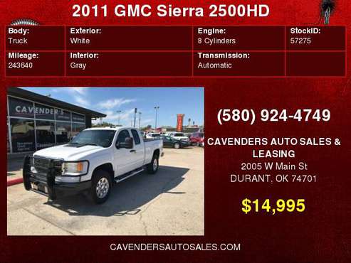 2011 GMC Sierra 2500HD 4WD Ext Cab 144.2" SLE for sale in Durant, OK