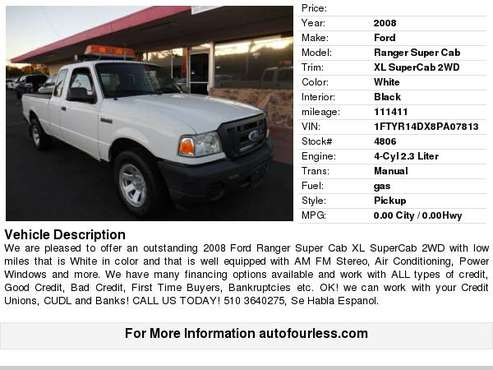 2008 Ford Ranger Super Cab XL SuperCab 2WD for sale in Fremont, CA