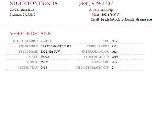 2018 Honda CR-V EX-L SKU: 25963U Honda CR-V EX-L - - by for sale in Stockton, CA