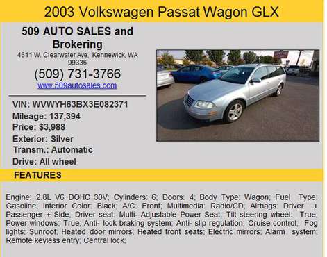 2003 VOLKSWAGEN PASSAT WAGON 4MOTION AWD - cars & trucks - by dealer... for sale in Kennewick, WA