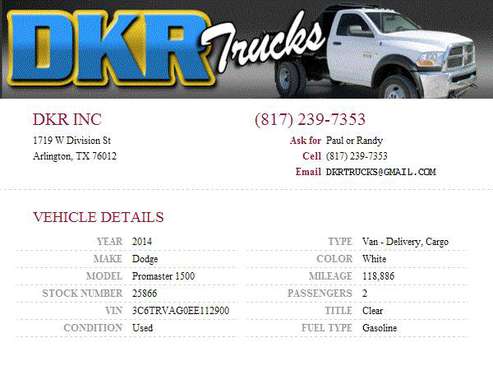 2014 Dodge Promaster 1500 Cargo Van V6 Bulkhead Divider Bin Package for sale in Arlington, TX