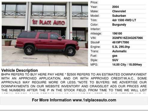 2004 Chevrolet Suburban 4dr 1500 4WD LT - cars & trucks - by dealer... for sale in Watauga (N. Fort Worth), TX