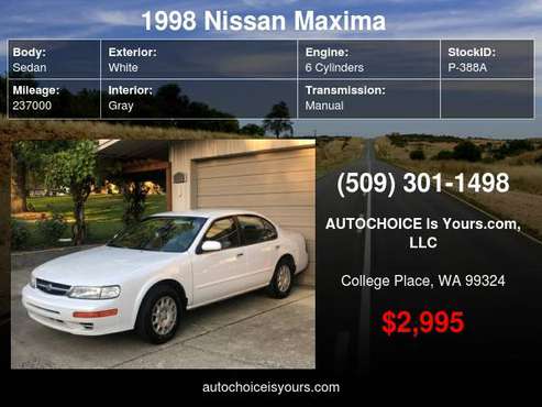 1998 Nissan Maxima 4dr Sdn SE Manual - cars & trucks - by dealer -... for sale in College Place, OR