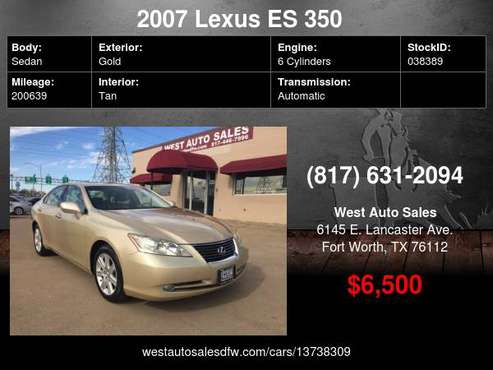 2007 Lexus ES 350 4dr Sdn Leather/Sunroof 6500 Cash Cash for sale in Fort Worth, TX