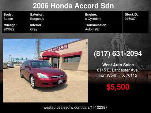 2006 Honda Accord Sdn EX-L V6 AT Leather/Sunroof 5500 Cash Cash for sale in Fort Worth, TX