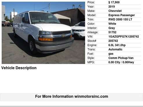 2019 Chevrolet Express Passenger RWD 3500 155 LT - cars & trucks -... for sale in Los Angeles, CA