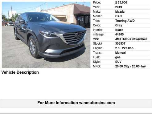 2019 Mazda CX-9 Touring AWD - cars & trucks - by dealer - vehicle... for sale in Los Angeles, CA