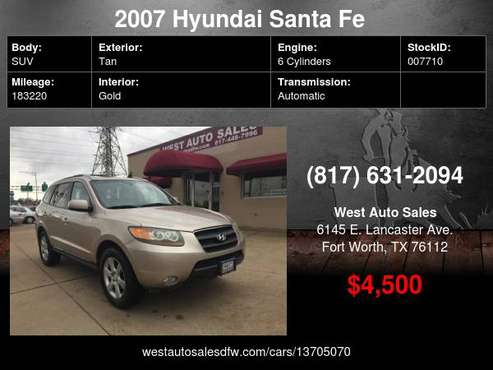 2007 Hyundai Santa Fe FWD 4dr Auto SE 4500 Cash... Cash / Finance -... for sale in Fort Worth, TX