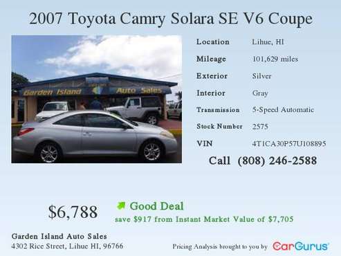 07 TOYOTA SOLARA New OFF ISLAND Arrival One Owner Runs Excellent for sale in Lihue, HI