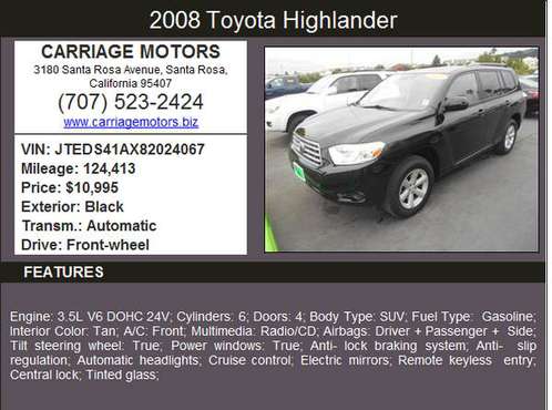 2008 Toyota Highlander *SUV*Very Clean*Financing Available* for sale in Santa Rosa, CA