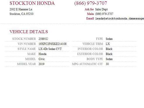 2019 Honda Civic LX SKU: 25891U Honda Civic LX - - by for sale in Stockton, CA