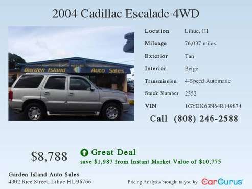 2004 CADILLAC ESCALADE AWD New Arrival Autocheck Low Miles Very Nice!@ for sale in Lihue, HI