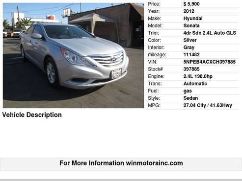 2012 Hyundai Sonata 4dr Sdn 2.4L Auto GLS - cars & trucks - by... for sale in Los Angeles, CA