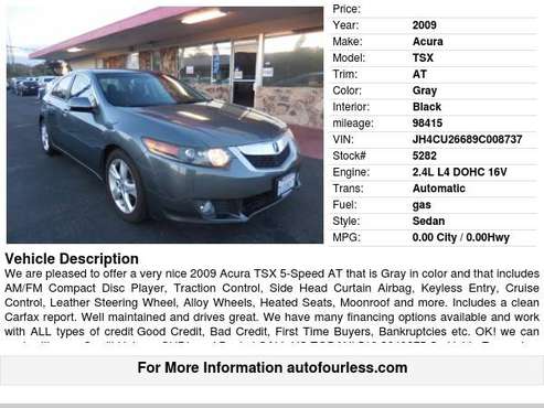 2009 Acura TSX 5-Speed AT - - by dealer - vehicle for sale in Fremont, CA