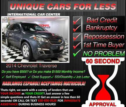 2014 Chevy Traverse * Bad Credit W/ $1500 Mo. Income OR $500 DOWN -... for sale in Lombard, IL