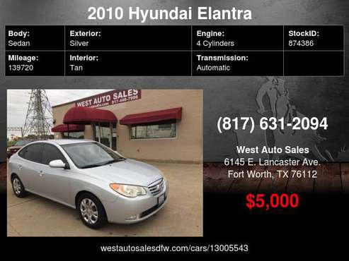 2010 Hyundai Elantra 4dr Sdn Auto GLS 5000 Cash... Cash / Finance -... for sale in Fort Worth, TX