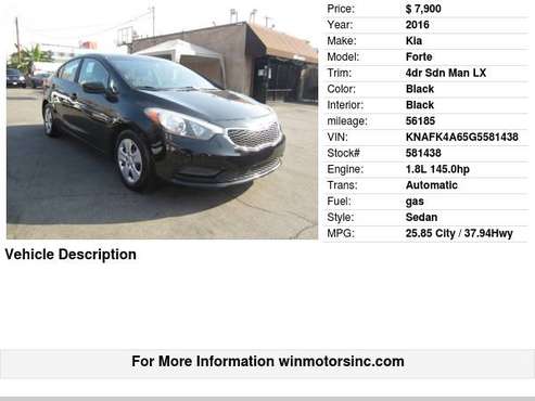 2016 Kia Forte 4dr Sdn Man LX - cars & trucks - by dealer - vehicle... for sale in Los Angeles, CA