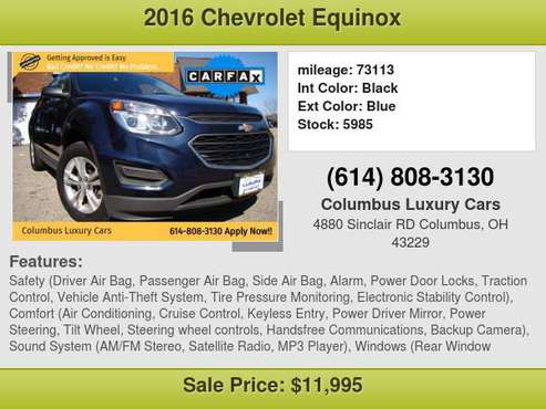 2016 CHEVROLET EQUINOX AWD 4DR LS $999 DownPayment with credit... for sale in Columbus, OH