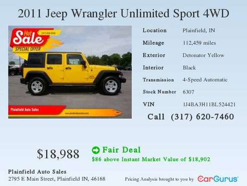 2011 Jeep Wrangler Unlimited Sport 4WD for sale in Plainfield, IN