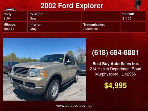 2002 Ford Explorer XLT 4dr 4WD SUV Call for Steve or Dean - cars & for sale in Murphysboro, IL