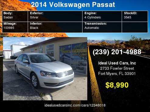 2014 Volkswagen Passat 4dr Sdn 1.8T Auto Wolfsburg Ed PZEV with Front for sale in Fort Myers, FL