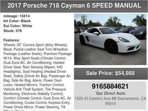 2017 Porsche 718 Cayman 15K MILES ONLY 6 SPEED MANUAL WITH APPLE for sale in Sacramento , CA