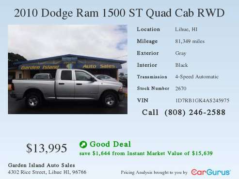 2010 DODGE RAM 1500 New OFF ISLAND Arrival 10/18 Low Miles Very NICE!@ for sale in Lihue, HI