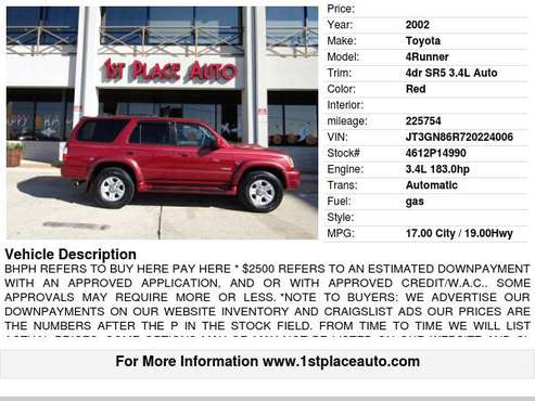 2002 Toyota 4Runner 4dr SR5 3.4L Auto - cars & trucks - by dealer -... for sale in Watauga (N. Fort Worth), TX