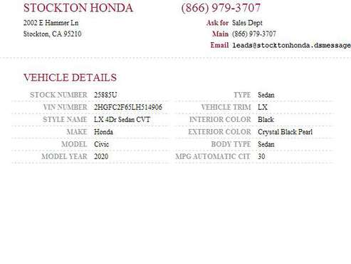 2020 Honda Civic LX SKU: 25885U Honda Civic LX - - by for sale in Stockton, CA