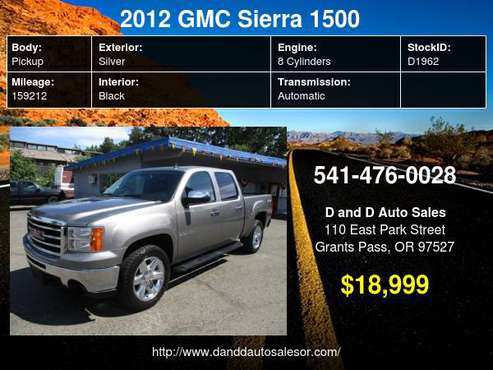2012 GMC Sierra 1500 4WD Crew Cab 143.5" SLE D AND D AUTO - cars &... for sale in Grants Pass, OR