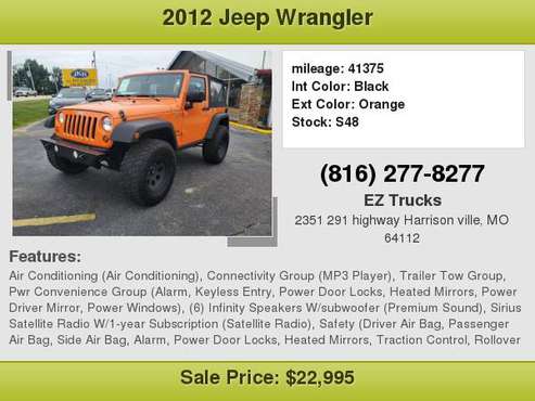 2012 JEEP WRANGLER 4X4 SPORT 41K MILES Over 180 Vehicles for sale in Harrisonville, MO