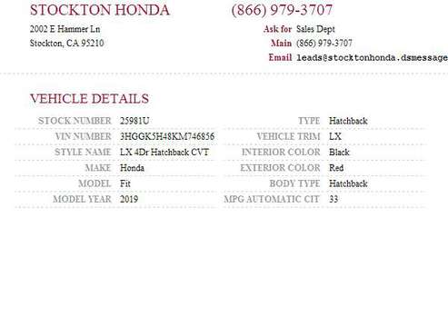2019 Honda Fit LX SKU: 25981U Honda Fit LX - - by for sale in Stockton, CA