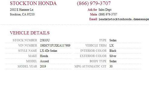 2019 Honda Accord LX SKU: 25833U Honda Accord LX - - by for sale in Stockton, CA