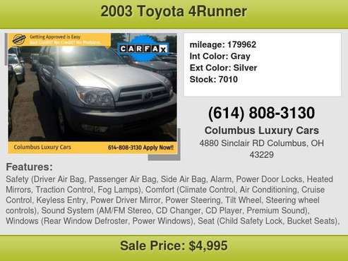 2003 Toyota 4Runner 4dr SR5 V8 Auto 4WD $999 DownPayment with credit... for sale in Columbus, OH