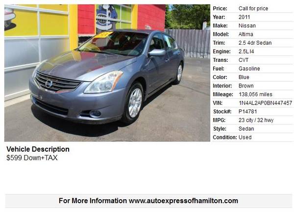 2011 Nissian Altima 599 Down TAX Buy Here Pay Here for sale in Hamilton, OH – photo 2