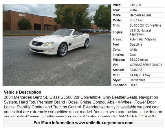 2004 Mercedes-Benz SL-Class SL500 2dr Convertible,Financing for sale in Stone Mountain, GA – photo 2