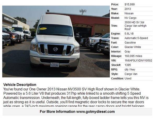 2013 Nissan NV 3500 SV High Roof Cargo Van - cars & trucks - by... for sale in Citrus Heights, CA – photo 2